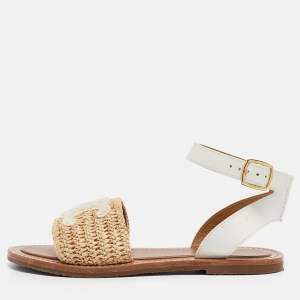 Celine Beige Leather and Raffia Ankle Strap Flat Sandals Size 38