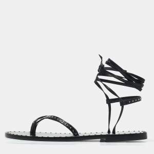 Celine Black Leather Studded Ankle Wrap Flat Sandals Size 36