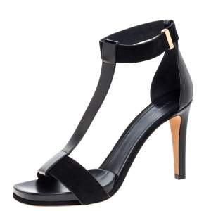 Pre Owned Celine Black Leather and Suede T Strap Platform Sandals Size 40