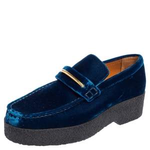 Pre Owned Celine Blue Velvet Sleek Platform Loafers Size 38