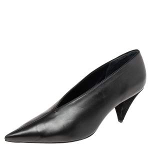 Pre Owned Celine Black Leather V Neck Pointed-Toe Pumps Size 38.5 