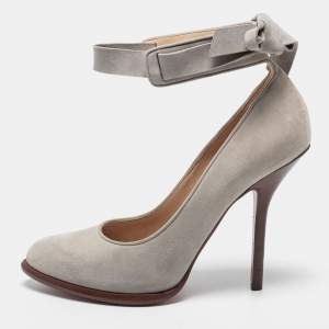 Pre Owned Celine Grey Suede Tie Around Ankle Strap Pumps Size 37.5
