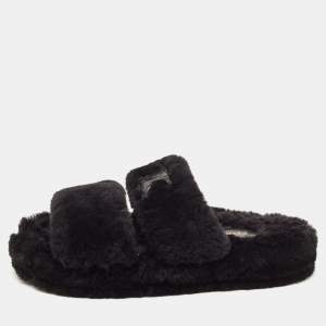 Celine Black Fur Slides Size 37