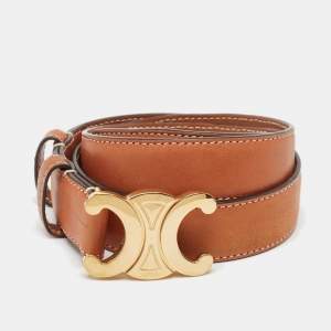 Celine Brown Leather Triomphe Logo Buckle Belt 70 CM