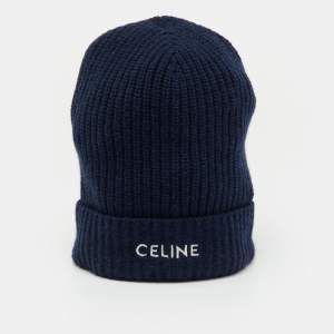 Pre Owned Celine Navy Blue Logo Cashmere Knit Beanie One Size
