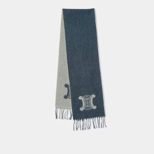 Celine Indigo Logo Jacquard Wool Cashmere Frimged Stole