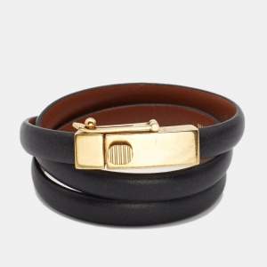 Celine Black Leather Gold Tone Triple Tour Wrap Bracelet 