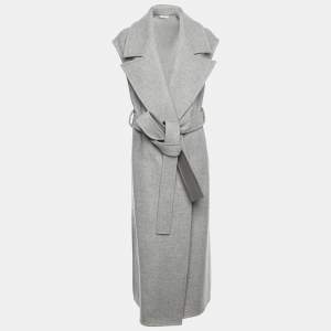 Celine Grey Wool and Leather Side Slit Detailed Belted Coat S