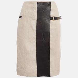 Celine Beige Linen & Leather Paneled Wrap Skirt M