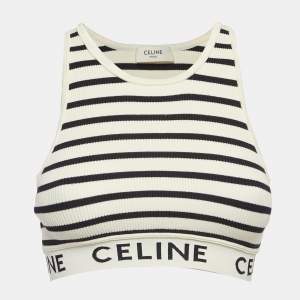 Pre Owned Celine White Striped Rib Knit Tank Crop Top XS