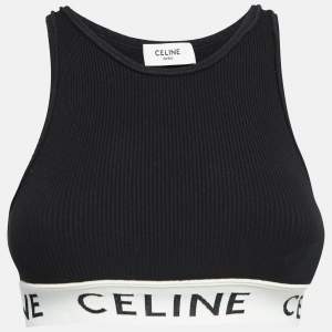 Celine Black Rib Knit Logo Tape Detail Crop Tank Top S