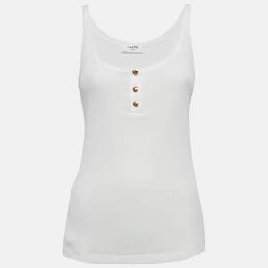 Celine White Rib Knit Button Detail Tank Top S