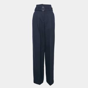 Celine Navy Blue Gabardine Belted High-Rise Pants S