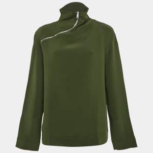 Celine Green Silk Zip Detail High Neck Top M