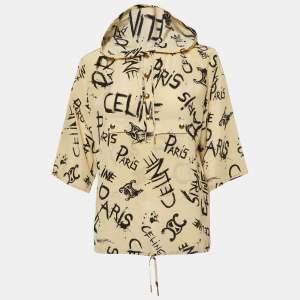 Celine Beige Logo Scribble Print Silk Hooded Blouse S