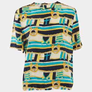Celine Vintage Multicolor Printed Crepe Button Back Blouse XL