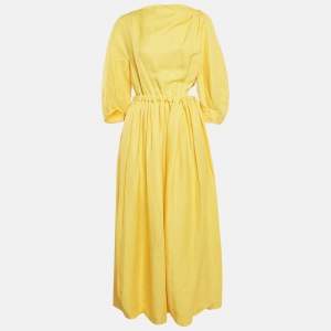 Celine Yellow Linen Blend Pleated Cut-Out Maxi Dress M