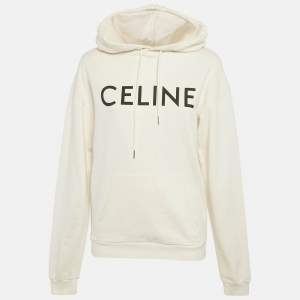 Pre Owned Celine Off-White Logo Print Cotton Knit Hoodie XS