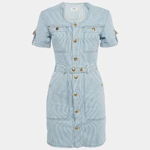Celine Blue/White Stripe Cotton Button Front Belted Trapeze Mini Dress XS
