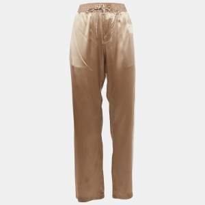Celine Metallic Beige Satin Logo Applique Detail Side Trimmed Trousers M