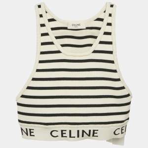 Celine White Striped Stretch Knit Crop Top S
