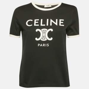 Pre Owned Celine Black Logo Print Cotton Crew Neck T-Shirt L
