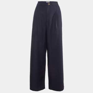 Celine Navy Blue Wool Gabardine Pleated Wide Leg Pants L