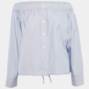 Celine Blue Striped Cotton Off-Shoulder Blouse S