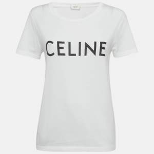 Pre Owned Celine White Logo Print Cotton T-Shirt M