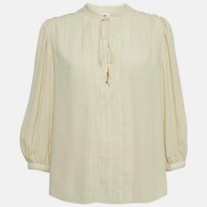 Pre Owned Celine Cream Crepe Silk Blend Lace & Neck Tie Detail Blouse S 