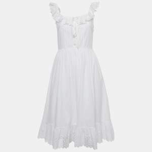 Pre Owned Celine White Cotton Floral Eyelet Frill Detail Midi Dress S
