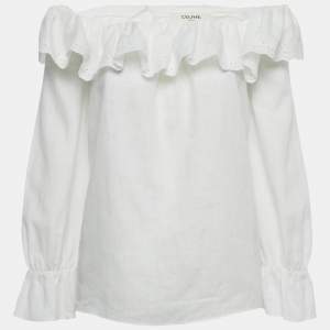 Pre Owned Celine White Cotton & Ramie Eyelet Frill Detail Prairie Blouse M