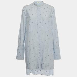 Pre Owned Celine Blue Striped Cotton Embroidered Asymmetric Hem Shirt L