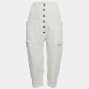 Pre Owned Celine White Patterned Linen Trousers S