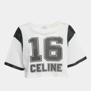 Pre Owned Celine White Printed Mesh Jersey Crop Top S