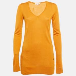Pre Owned Celine Orange Cashmere Knit V-Neck Sweater M