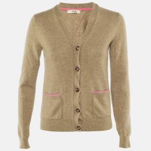 Pre Owned Celine Tan Brown Logo Embroidered Cashmere Cardigan S