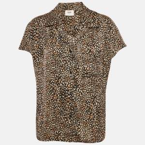 مملوكة مسبقًا Celine Brown Leopard Print Silk Short Sleeve Shirt M