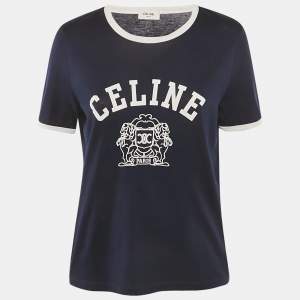 مملوكة مسبقًا Celine Navy Blue Blason 70's Printed Cotton Knit T-Shirt L