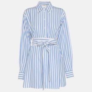 مملوكة مسبقًا قميص سيلين قطن أبيض/أزرق مخطط طويل برباط خصر مقاس متوسط - ميديم