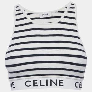 Pre Owned Celine White Striped Rib Knit Crop Tank Top S