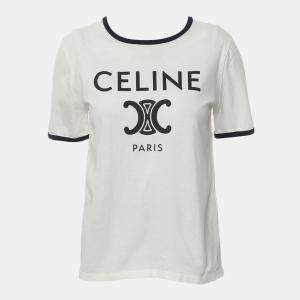 Pre Owned Celine White Cotton Triomphe Printed T-Shirt