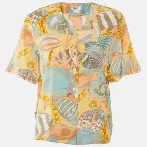 مملوكة مسبقًا Celine Multicolor Fish Print Silk Button Front Blouse L