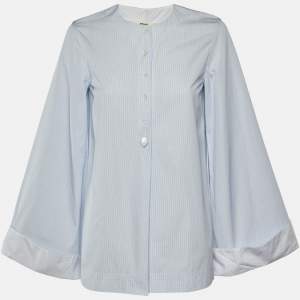 مملوكة مسبقًا Celine Blue Striped Cotton Half Placket Blouse M