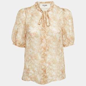 مملوكة مسبقًا Celine Yellow Floral Print Silk Short Sleeve Shirt S