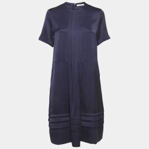 Pre Owned Celine Navy Blue Satin Pleated Midi Dress M