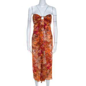 Celine Orange Abstract Print Sheer Silk Pleated Strapless Bodice Maxi Dress S