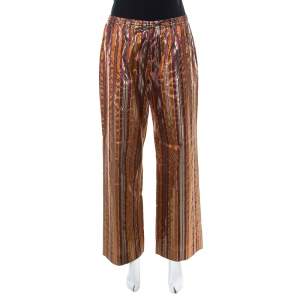 Celine Brown Metallic Striped Silk Straight Fit Trousers L