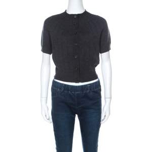 Celine Charcoal Grey Silk & Cashmere Blend Front Button Short Sleeve Cardigan L 