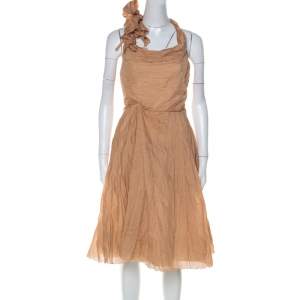 Céline Dusky Orange Silk Blend Ruched Detail Halter Neck Dress L